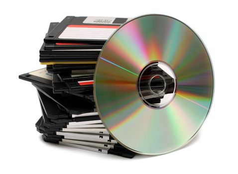 pc media technology progress - one cd dvd disc instead many floppy disk
