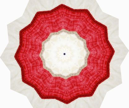 red and white abstract with intricate white-on-white designs in the center