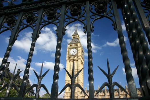 London Parliament and Big Ben view from behind the gates