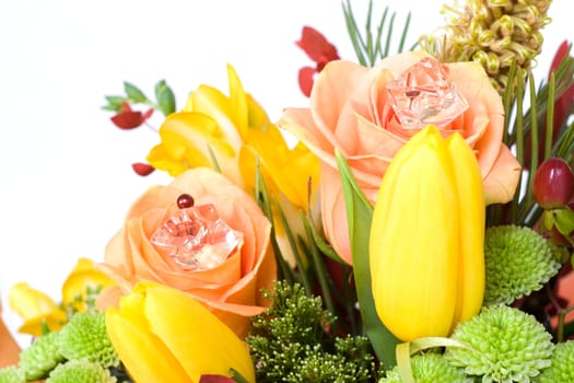 Decoration with flowers: roses, tulips and many other.