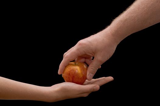 an isolated over black image of a young caucasian boy and a caucasian man's hand giving and receiving a juicey ripe apple 