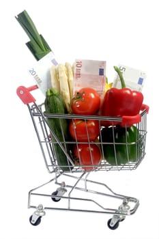 Vegetables and euronotes in a shopping trolley - isolated on white background