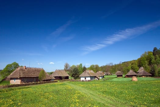 Very old Polish village with many wooden houses 