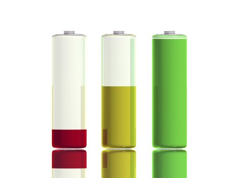 3d image of three batteries, one full charged, one medium charged and one empty