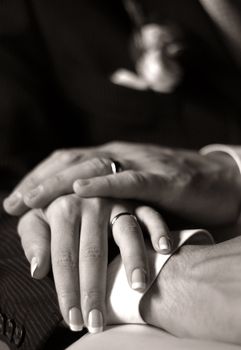 The groom keep the bride for hands. b/w+sepia