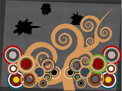 Vector abstract tree and multicolored circles against black stripped grunge background