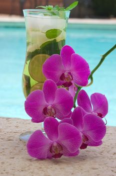 Ice tea and orchids near the pool