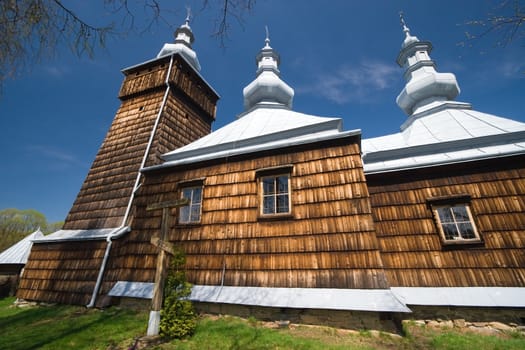 Wide Angle View of Wooden Orthodox Church in Leszczyny builded in XIX century, Poland