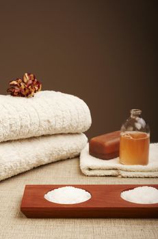 Bath items (soap, shampoo, bath salt, towel)