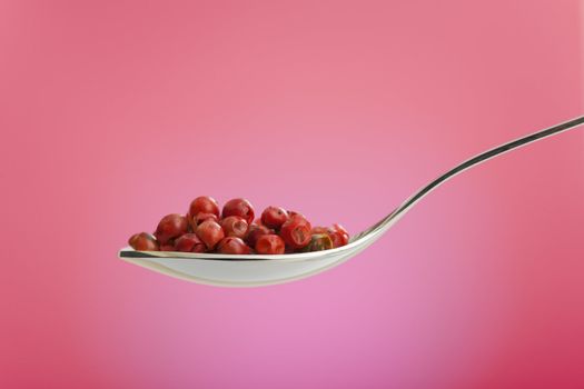 Metal spoon filled with rose dried peppers