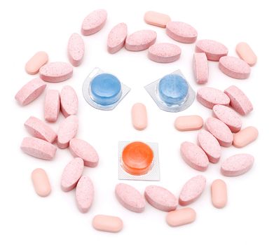 Various Kinds of Drugs or Pills laid out in a form of face