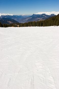 Empty green piste with ski tracks in Meribel Valley, French Alps