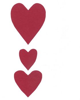 three red paper hearts isolated over a white background