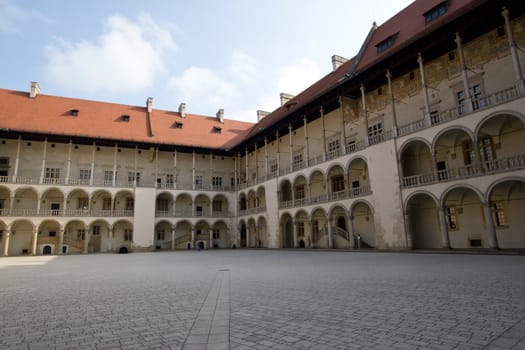 Wide angle view of Arcaded Courtyard in Wawel Castle, Krakow