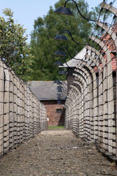 Barbed wire surrounding concentration camp in Auschwitz, Poland