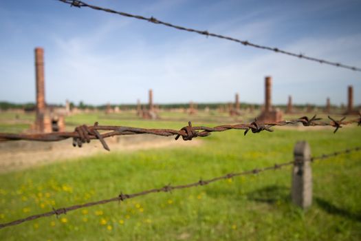 Barbed wire and chimney in background, Auschwitz Birkenau