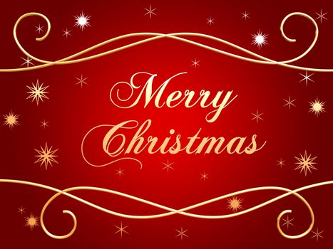 3d golden text with words Merry Christmas and golden snowflakes over red background 

