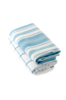 Two white towels with blue lines on white background
