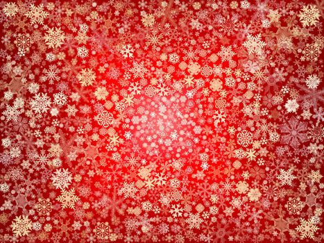 golden snowflakes over red background with feather center
