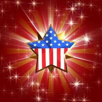 3d golden star with usa flag over red background with rays, gleams and stars
