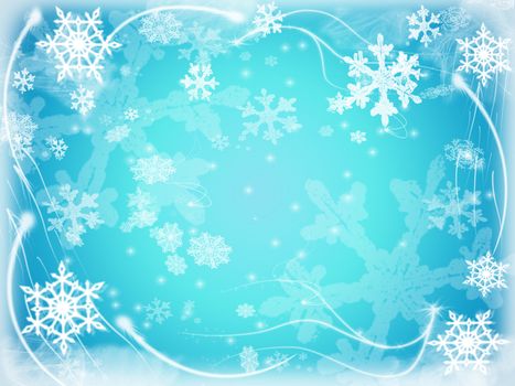 white snowflakes over blue background with feather corners
