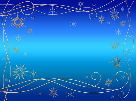 3d golden snowflakes over blue background with feather center
