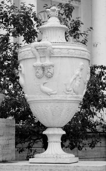 Big decorated vase with bas-relief. Black and white.