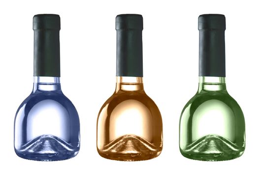 Three colored and isolated funny looking wine bottles over a white background