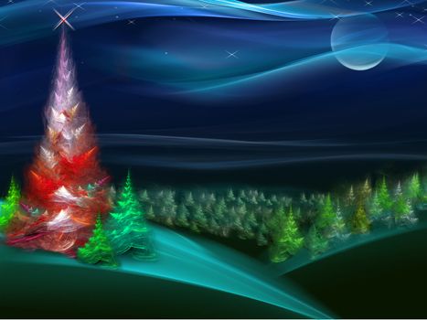 Christmas fur-tree in the night forest. Series fractal world