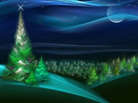 Christmas fur-tree in the night forest. Series fractal world