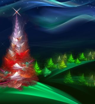 Christmas fur-tree in the night forest. Series fractal world