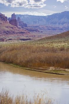 Colorado river and Moab area mountains and spires in Utah USA