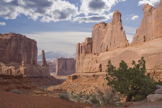 Arches national park area mountains and spires in Utah USA
