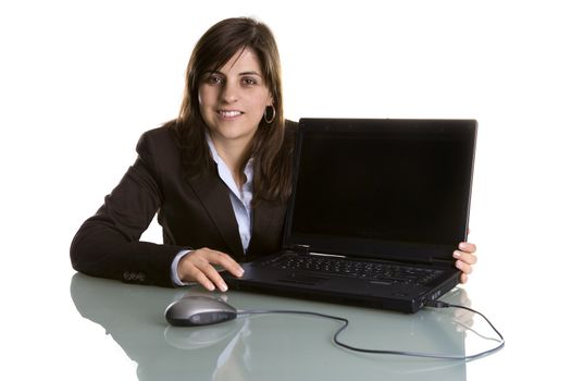 businesswoman with laptop computer isolated on white background - focus on the woman