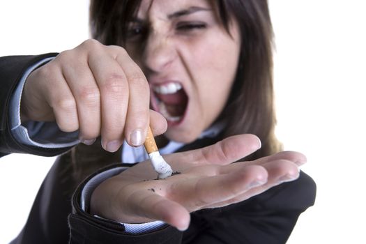 young woman screams while burns her hand with cigar