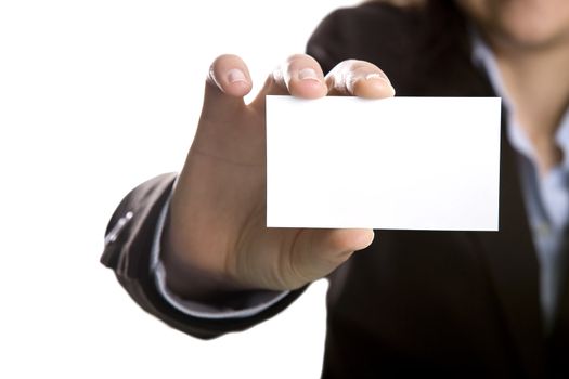 businesswoman with blank presentation card