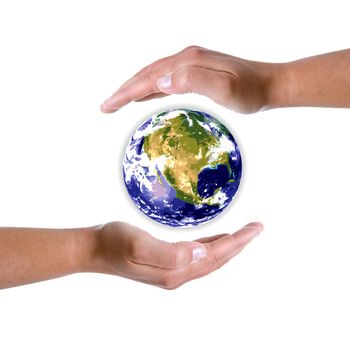 hands around earth globe - nature and environment protection concept