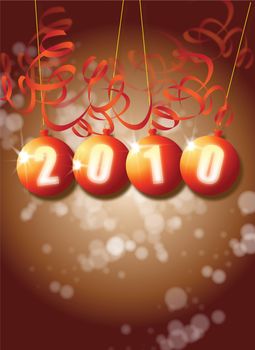 A New Year themed image on a portrait format with 2010 set in a set of orange baubles with paper style decorations.