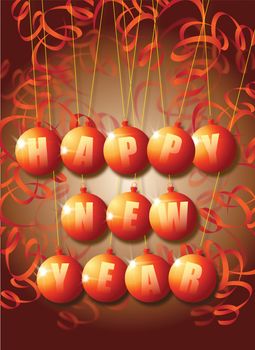 A New Year themed image on a portrait format with Happy New year set in a set of orange baubles with paper decorations surrounding.