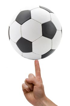 classic soccer ball at finger, isolated on white