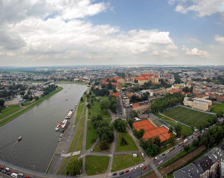Panoramic view of Cracovia city from flying baloon. Historical part in center of the image.