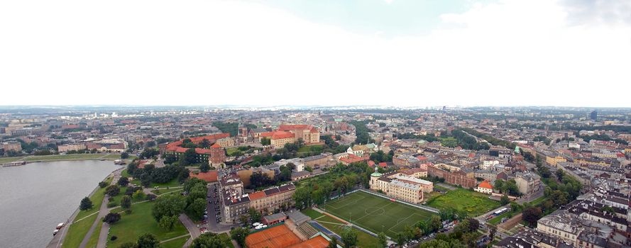 Birds view of Krakow city from flying baloon. Panoramic image.
