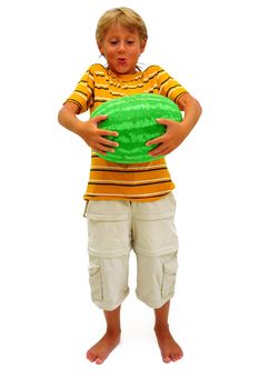 Blond Boy With Green Watermelon Isolated On White