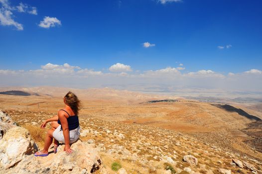 Woman  Looking At The Judea Mountains Near Dead Sea