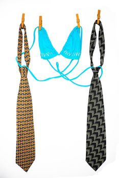 Two Ties And Bra Hanging On a Rope With Wooden Pegs