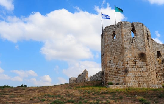 Ruins Of The Crusader Fortress Antipatris With Israel Flag