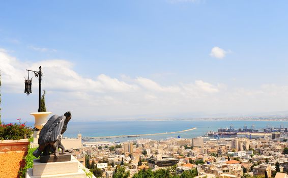 Bronze Eagle Looks At The Haifa Port From Mountain Carmel