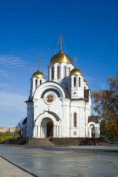 Fine orthodox church. Autumn. Bright sunny day. George Pob�donosets's temple