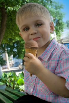 The little boy holds ice-cream, smiling
