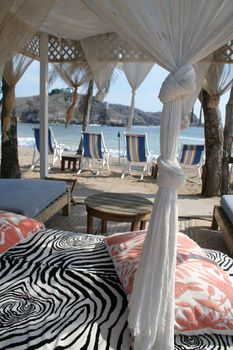 pergola and chairs on beach under palm tree in mexico